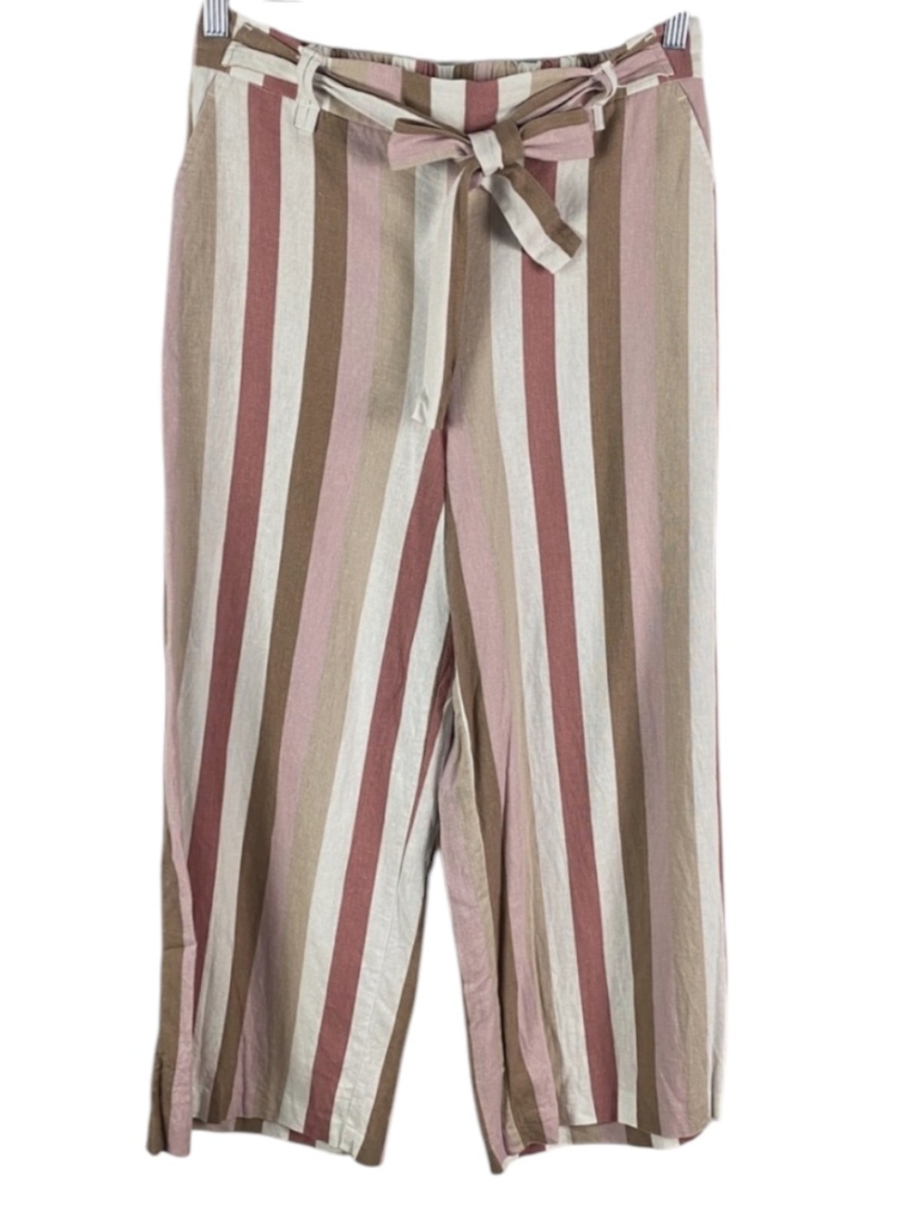 Sigrid Olsen Striped Linen-Blend Belted Crop Pants in Blush, Taupe & Cream